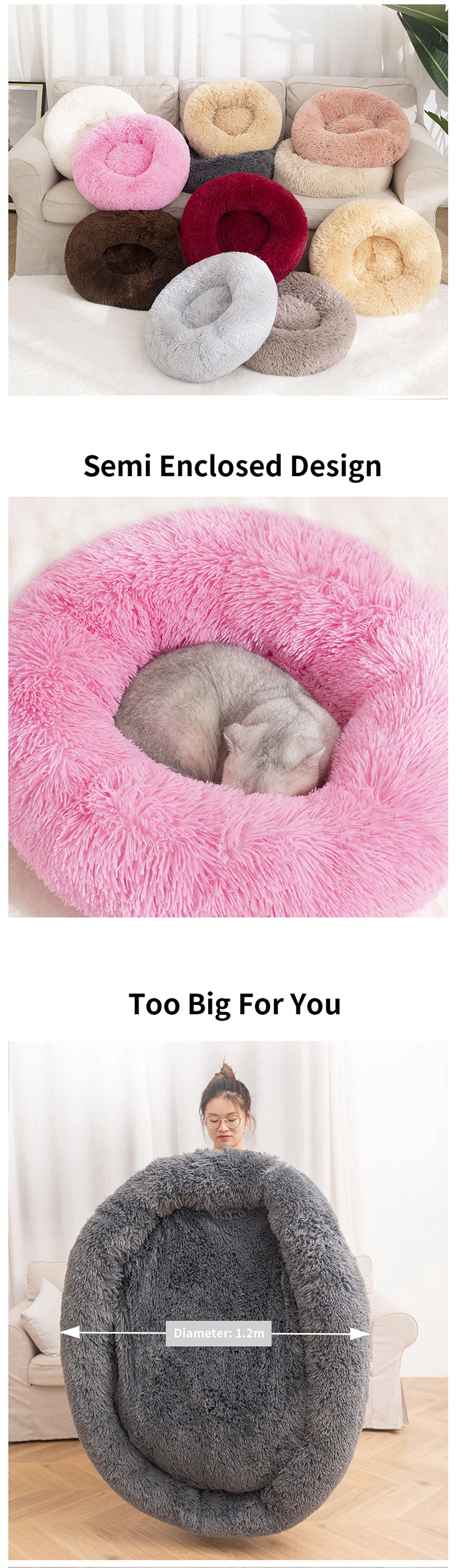 Camas PARA Gatos Long Plush Wholesale Designer Warm Cushion Fluffy Hot Sale Cat Bed House Calming Round Donut Dog Bed Luxury Pet Dog Bed